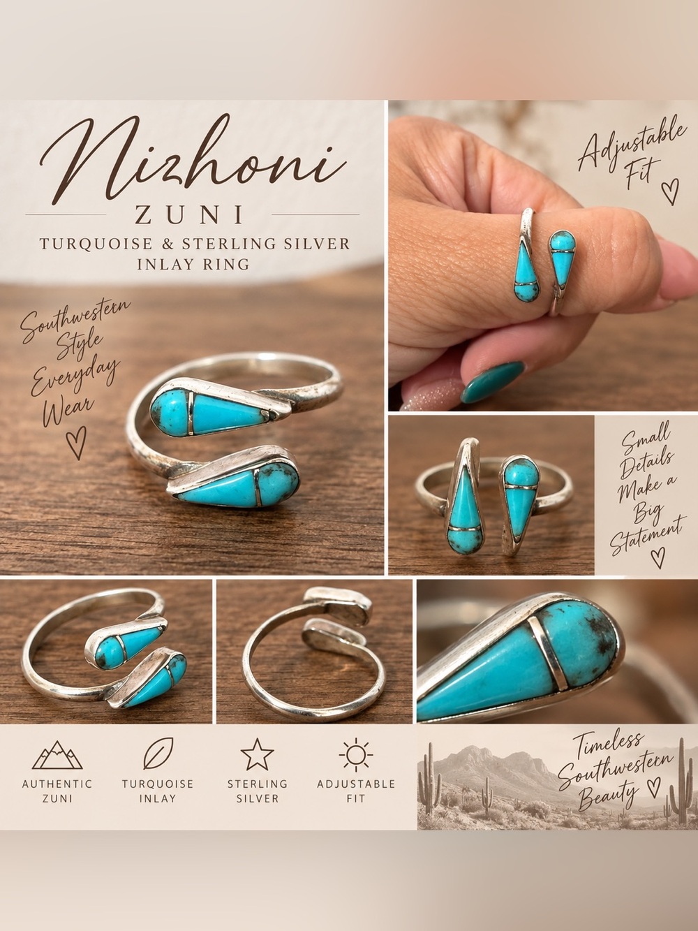 Nizhoni Zuni Turquoise Sterling Silver Inlay Adjustable Wrap Ring